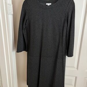 J. Jill Ponte Knit Gray and White Pinstriped Dress with 3/4 Sleeves